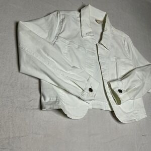 ET HYL Women White Denim Cropped Jacket Size M Button Front Casual Lightweight